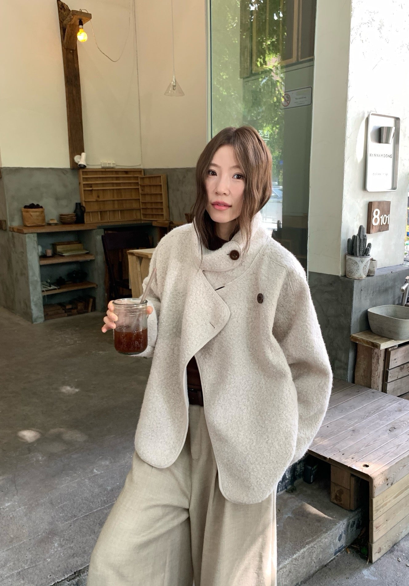 // 圈圈絨可立領中長外套