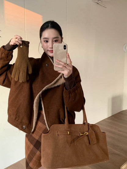 // 帥氣隨性領子皮毛一體麂皮絨外套