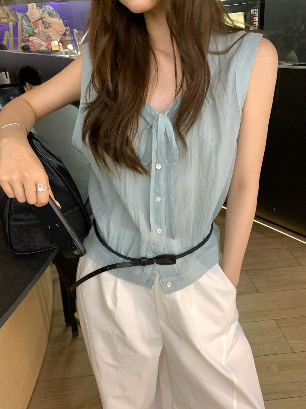 // 親膚lyocell綁帶排扣背心