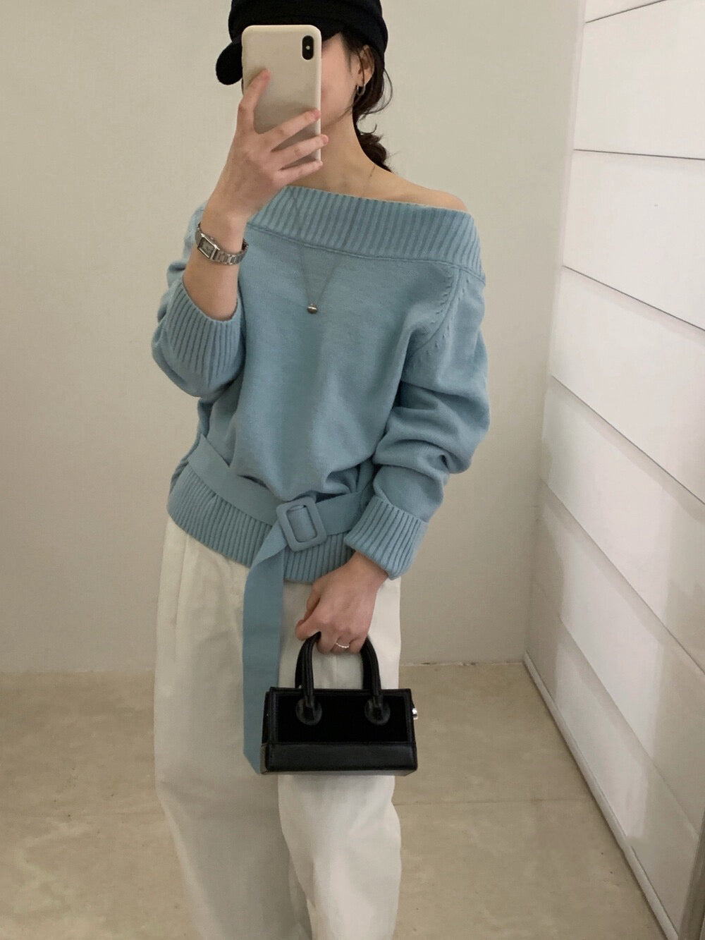 // 一字肩斜肩連腰帶NT