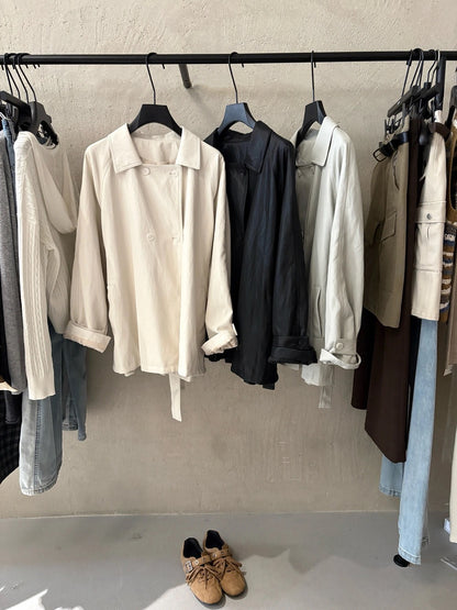 J30 / 質感雙排扣啞光彷皮trench coat外套