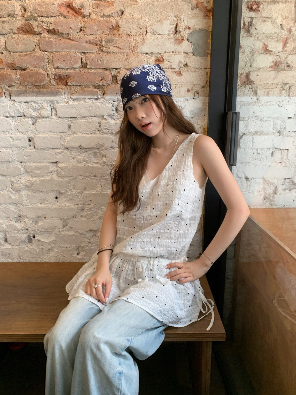 // 肌理感波點拼lace邊V領可束腰中長背心