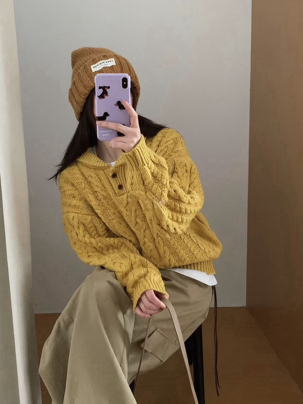 // 30%羊毛紋理感麻花鈕扣翻領毛衣