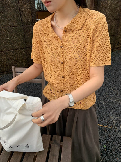K01 / 工藝鏤空鈎花翻領針織上衣