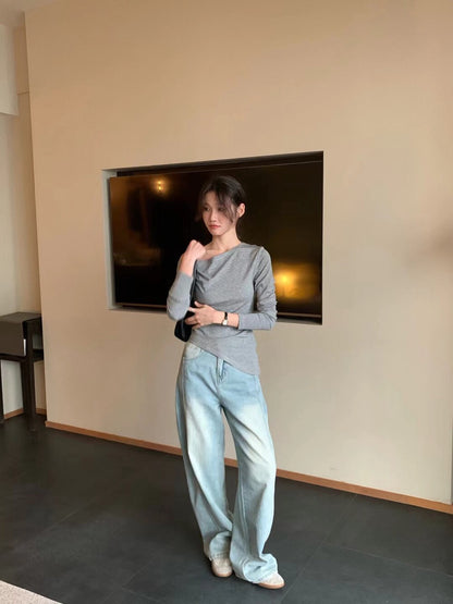 // 50%cotton+50%loycell親膚斜肩不規則長袖上衣