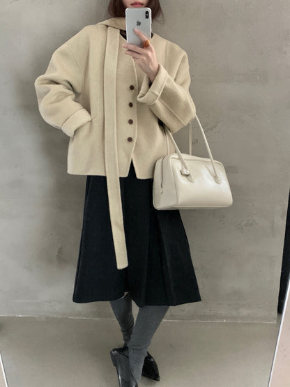 // 100%雙面羊毛handmade小V領連領帶外套