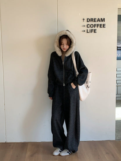 // 毛毛領衛衣外套+休閒褲套裝