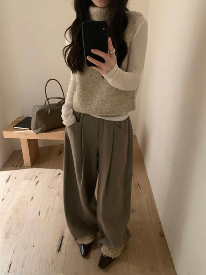 // 25%羊毛慵懶高級感壓褶口袋褲