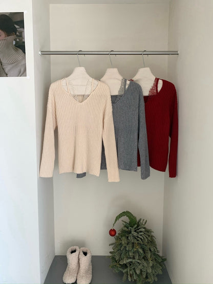 // 12%綿羊毛lace邊假兩件NT