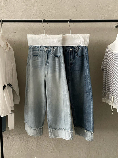 // 設計感假反褶毛邊洗水牛仔闊褲