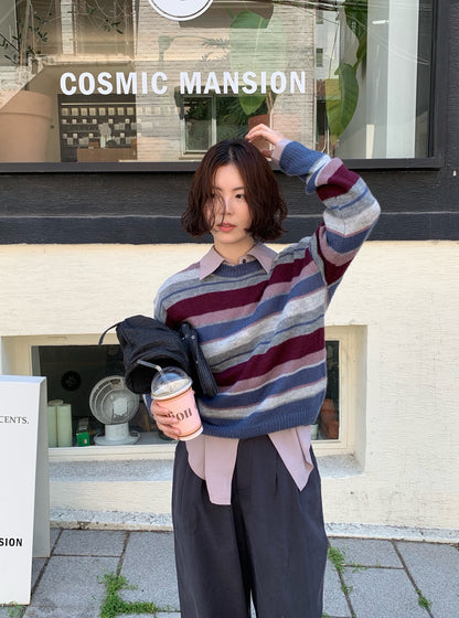 // 復古感撞色間條圓領10%羊毛NT