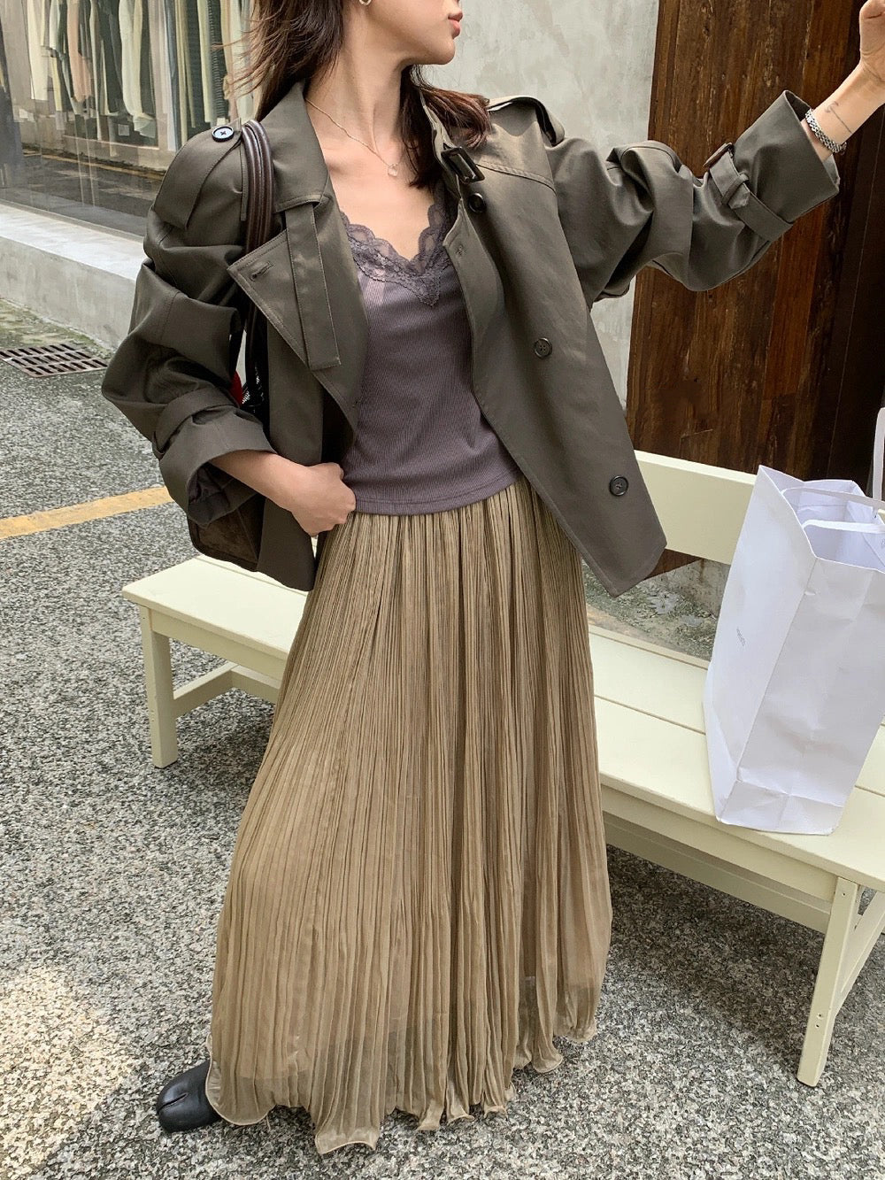S25 / 卷卷邊大裙擺立體細百褶真絲半身裙