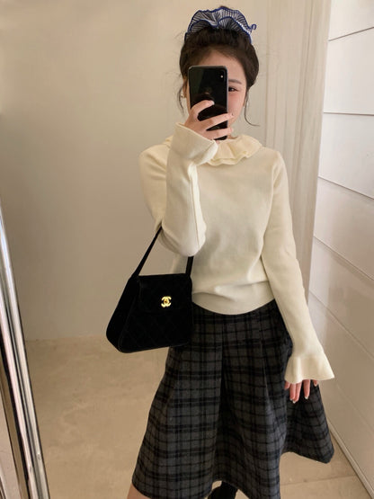 // 法式雙層花邊領+袖針織上衣