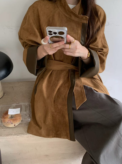 // 帥氣麂皮絨可立領拼皮外套