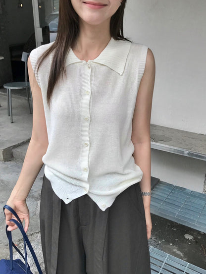 // 直紋翻領天絲麻針織背心