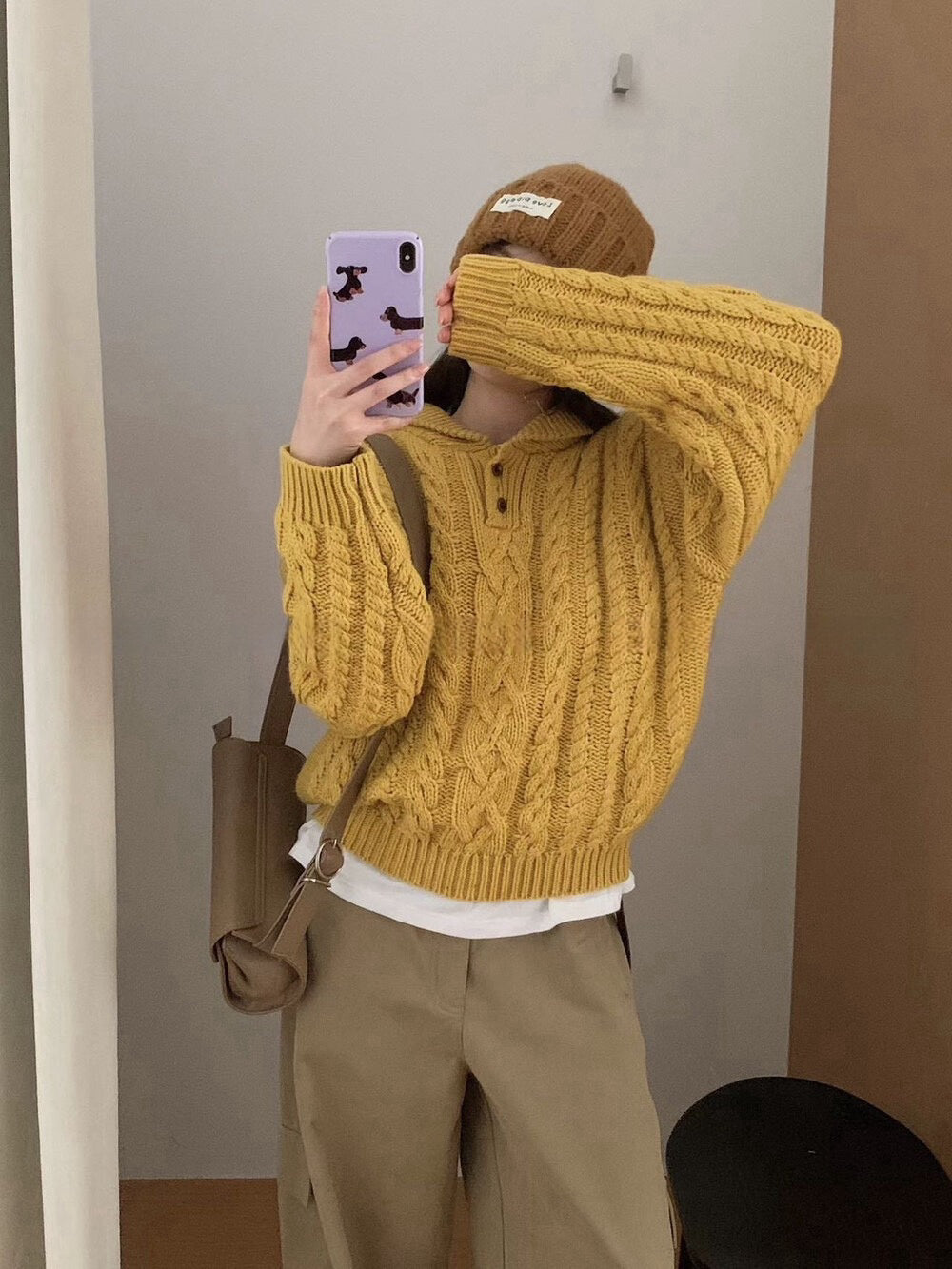 // 30%羊毛紋理感麻花鈕扣翻領毛衣