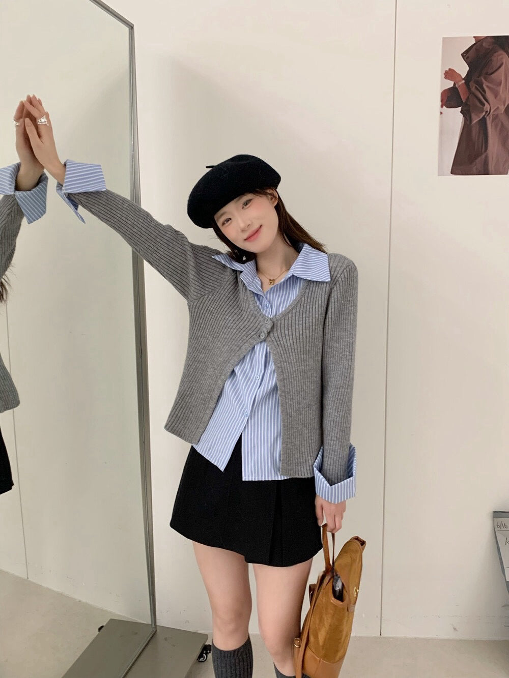 // 間條恤衫拼接針織外套假兩件上衣