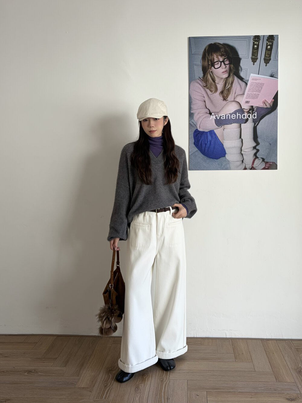 // 雙口袋裝飾加絨卷邊褲(連腰帶)