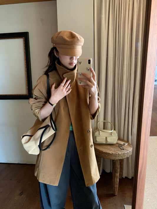 (現貨) // 薄款麂皮絨中長翻領外套