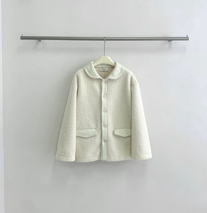 // 拼接材質羊羔毛翻領中長外套