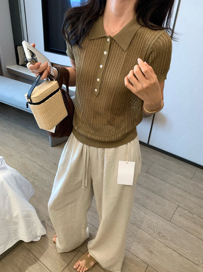 // 天絲麻細直間polo翻領短袖NT