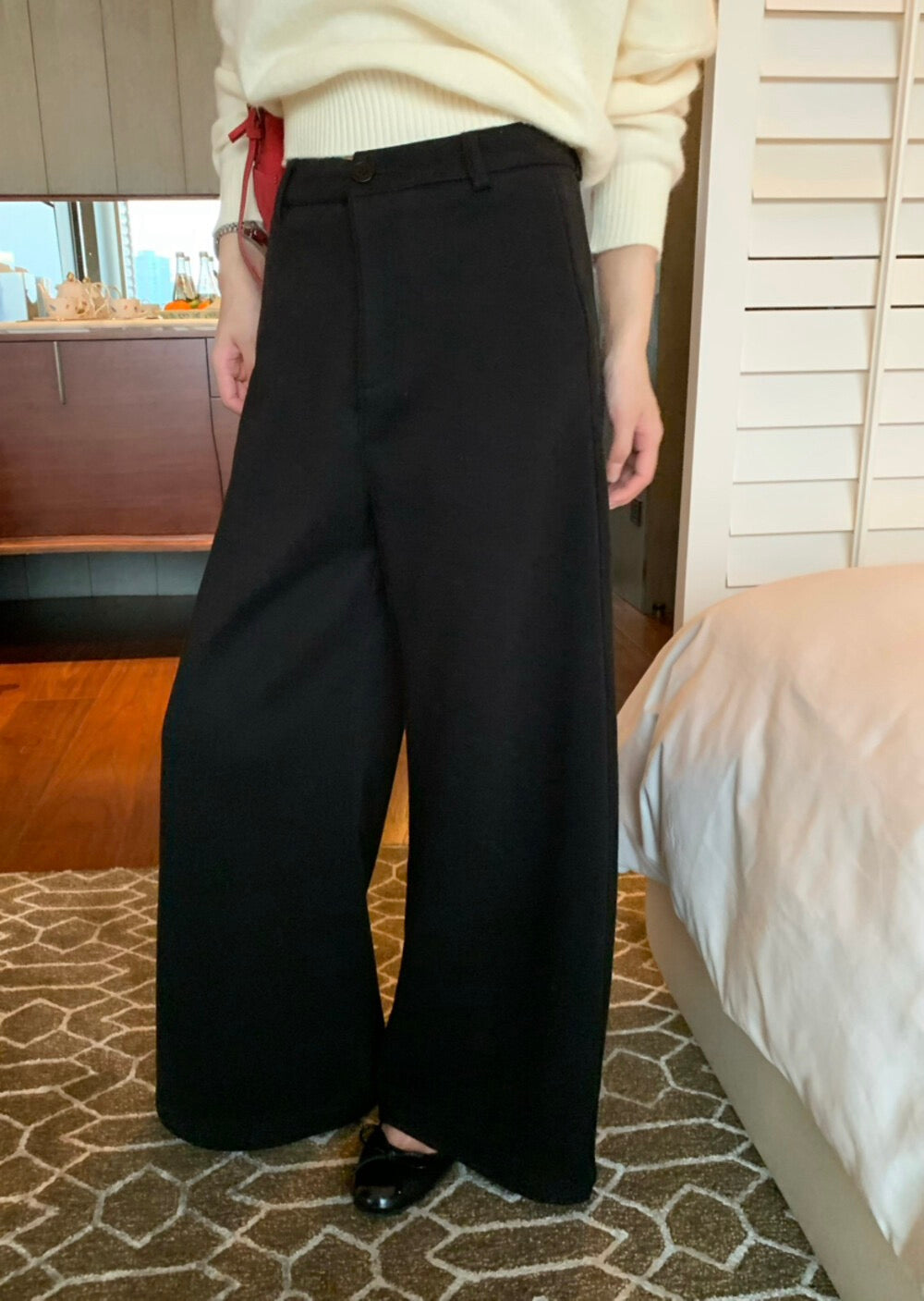 // 褲型超美的簡約加絨毛呢褲