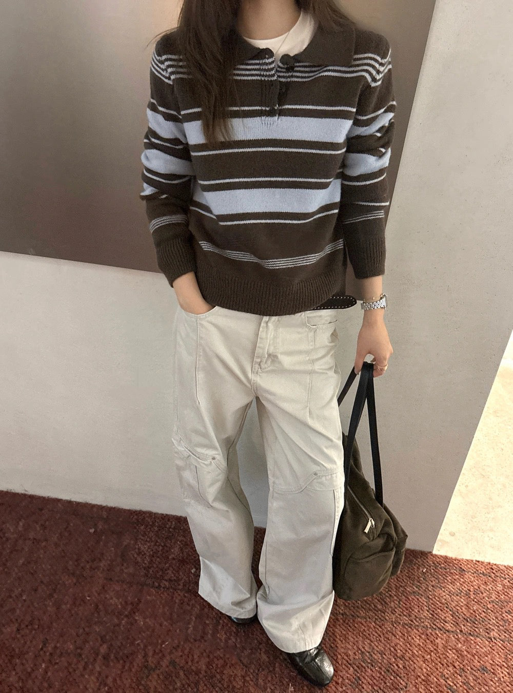 B235 / 復古拼色間條polo針織上衣
