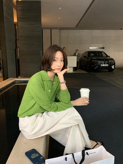 // 簡約風翻領排扣針織上衣