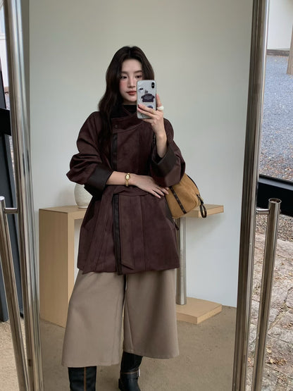 // 帥氣麂皮絨可立領拼皮外套