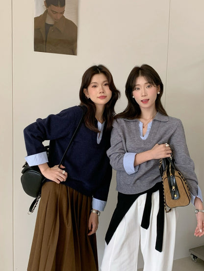 // 設計感拼接恤衫針織上衣