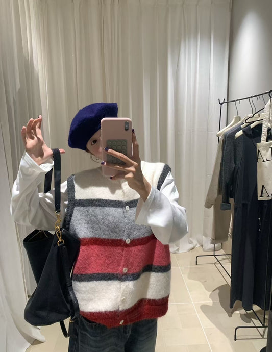 // 秋日色彩撞色拼間開胸背心