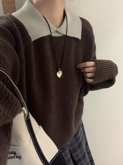 // 部分撞色翻領插肩毛衣