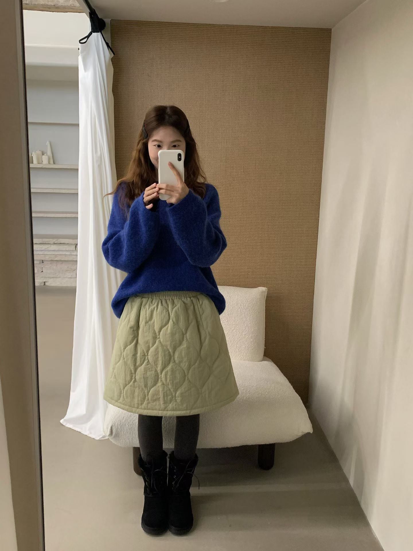 // 大熱菱格夾棉A字短裙