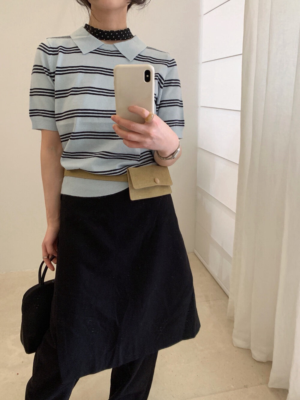 // Miu風翻領間條短袖NT