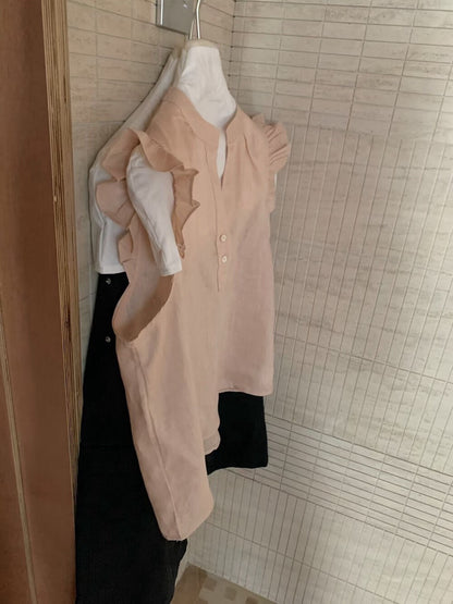 // 麻質飛飛袖小鈕扣背心