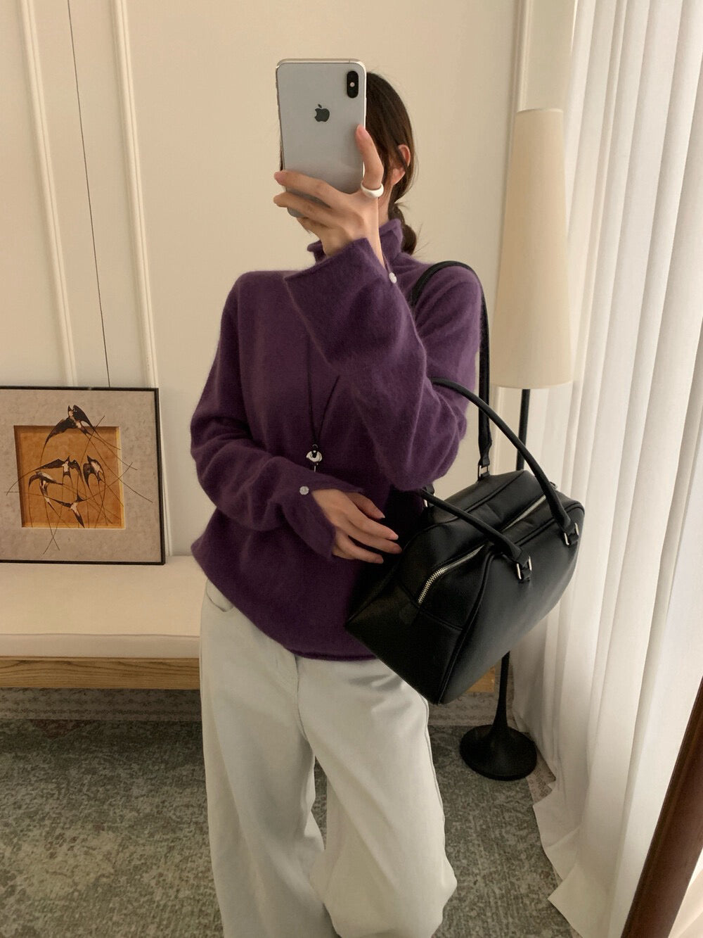 // 45%綿羊毛立領開叉袖花花鈕NT