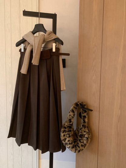 // 秋冬必備粗百褶毛呢中裙(連腰帶)