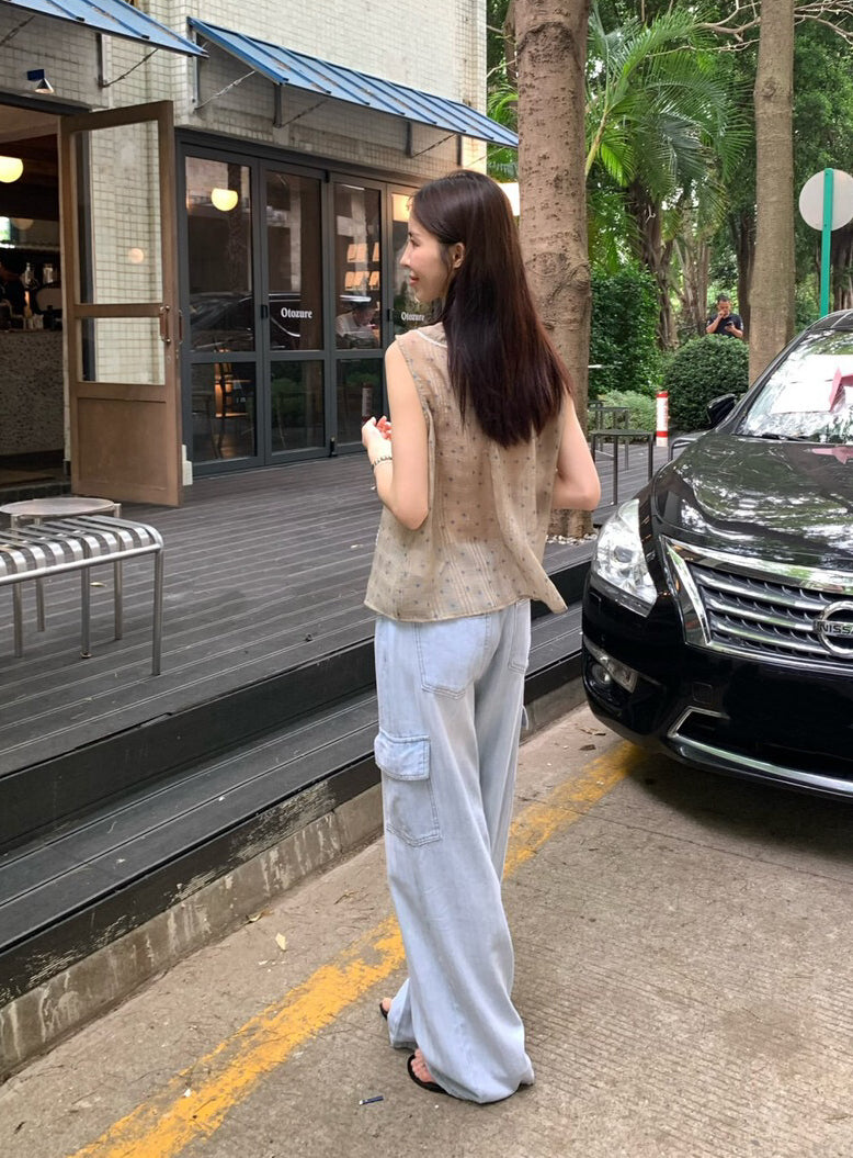 // 做舊洗水口袋鈕扣褲頭工裝牛仔褲