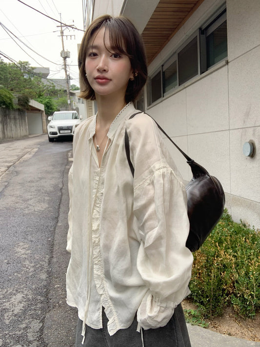 // 花邊荷葉袖拼接lace綁帶BL