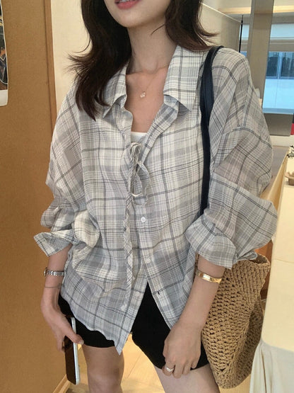 // 兩穿復古感格紋寬鬆恤衫