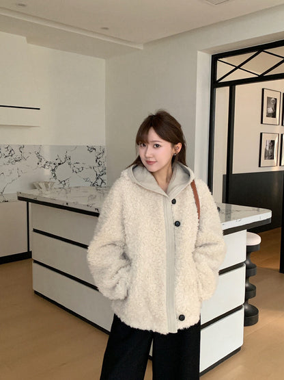 // 拼接材質可愛毛茸茸連帽外套