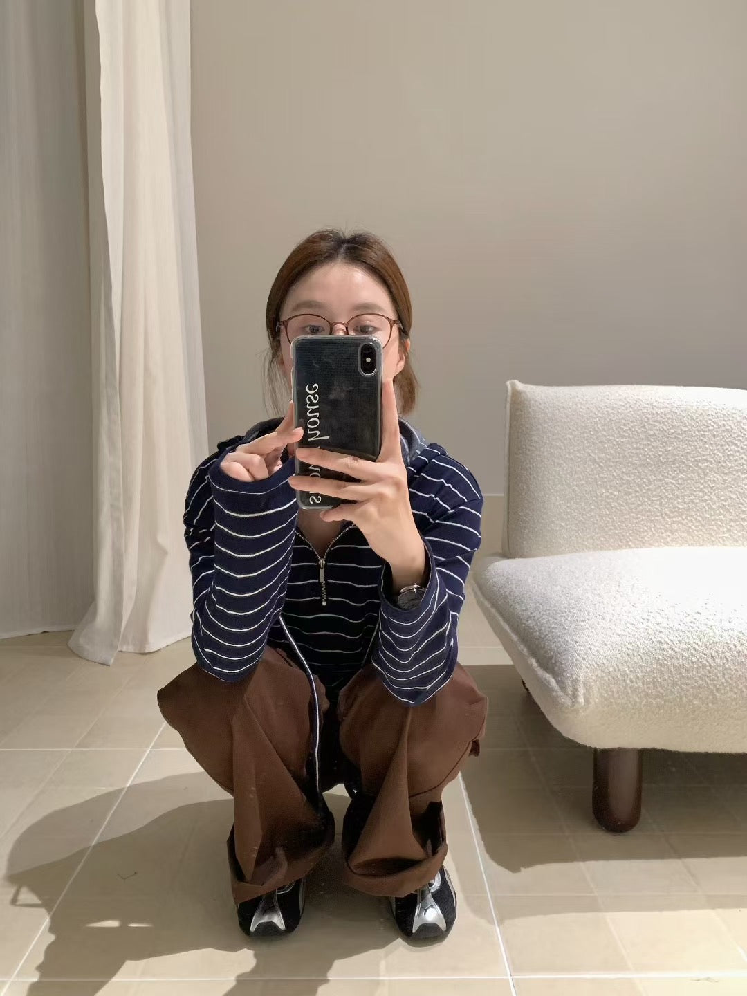 // 慵懶感連帽間條棉質上衣