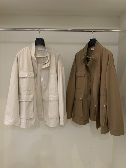 // 小立領口袋中長工裝洗水棉外套