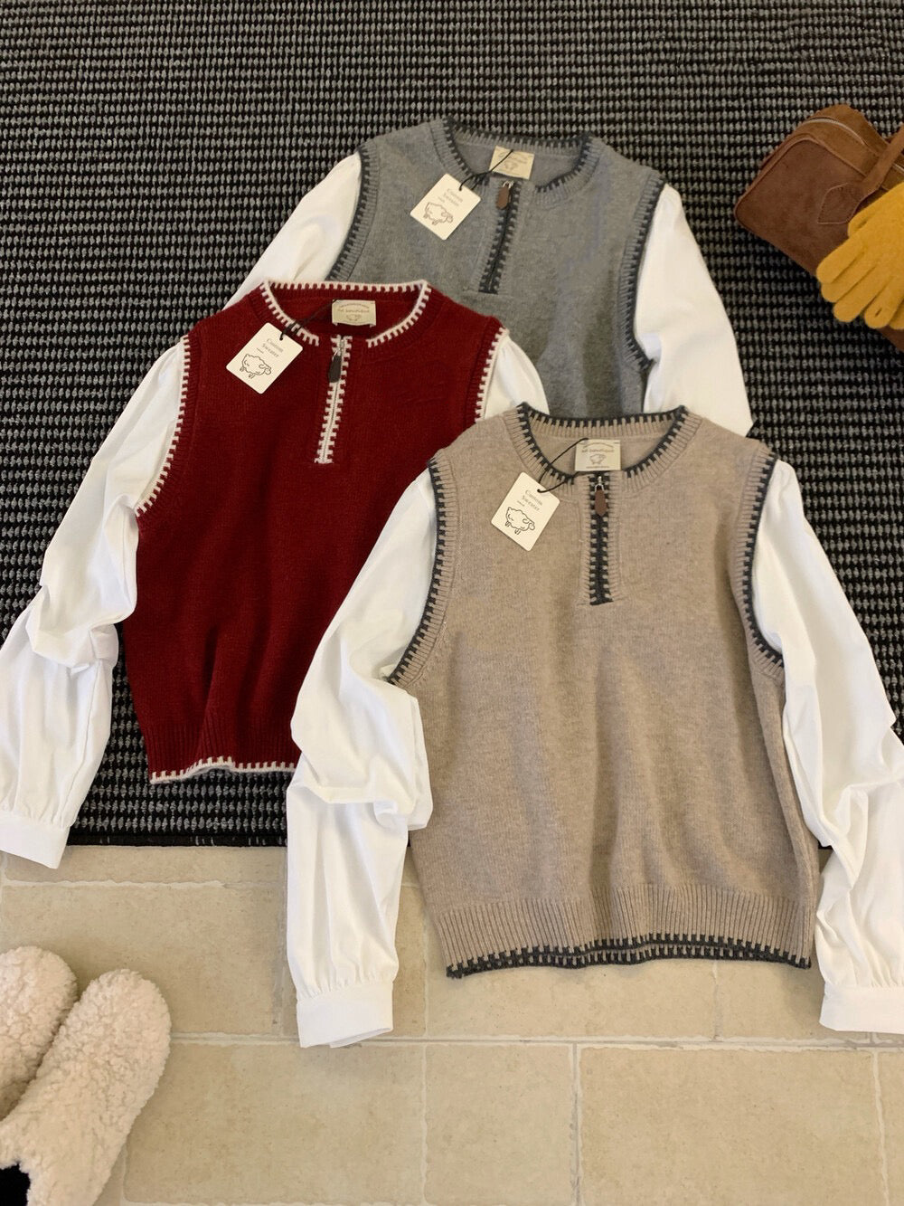 // 柔軟撞色邊拼恤衫袖假兩件上衣