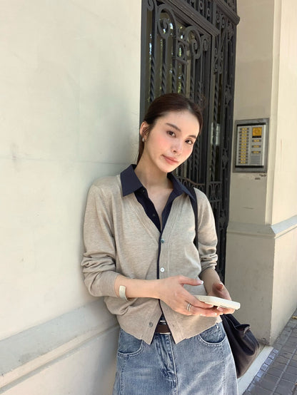 C08 / 撞色拼接翻領假兩件針織外套