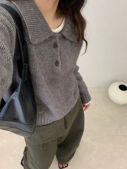 // 超韓領鈕扣粗坑紋翻領毛衣