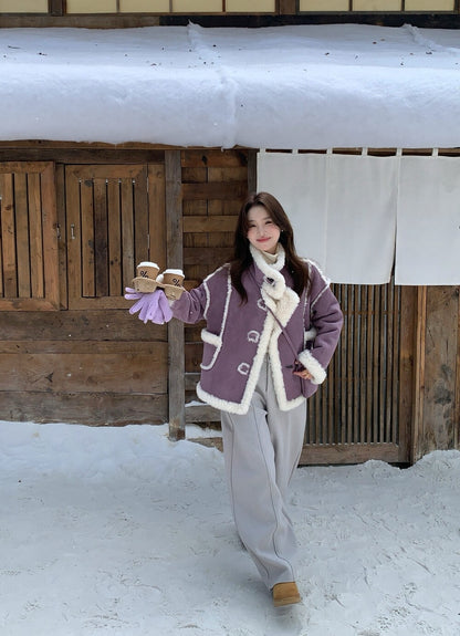 // 皮毛一體麂皮絨牛角鈕外套(連袋仔)