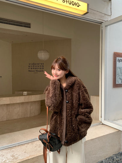 // 拼接材質可愛毛茸茸連帽外套