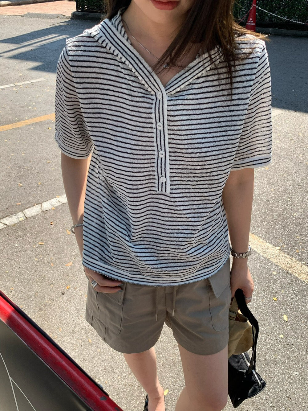 🧸 麻質混紋連帽間條針織上衣