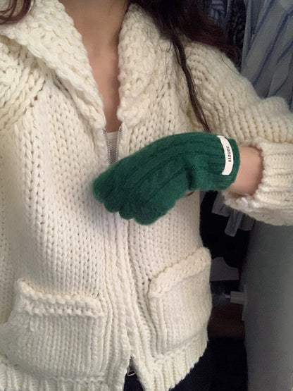 // 30%wool粗棒針手工織感圓翻領口袋拉鍊CD